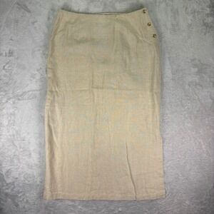 Vtg Eddie Bauer Women's Linen Midi Skirt Size 16 Beige Button Side Slit Pocket